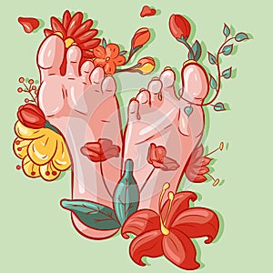 Vector illustration of female soles of feet around flowers, leaves and exotic vegetation. Barefoot woman with tropical plants
