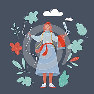 Vector illustration of female tailor with scissor and needle with thead on dark. photo