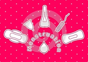 Vector illustration of feminine hygiene products for menstruation bleeding period. Sanitary pads, tampons and menstrual cup for pe