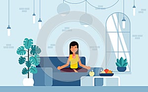 Vector illustration of feng shui, she achieved an energy balance by creating a favorable space around herself