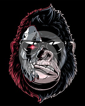 Vector illustration, ferocious gorilla cyborg in sunglasses.