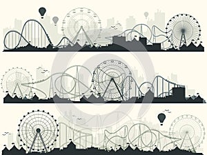 Vector illustration. Ferris wheel. Carnival. Funfair background. Circus park. Roller coaster.