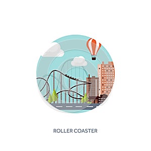 Vector illustration. Ferris wheel. Summer carnival. Funfair background. Circus park with roller coaster.
