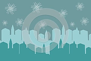 Vector illustration of a festive fireworks display over the city at night scene for holiday and celebration background design