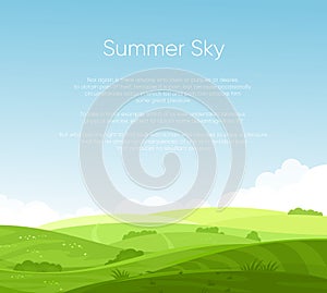 Vector illustration of fields landscape with beautiful dawn, green hills, bright color blue sky with place for your text