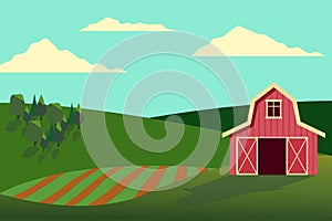 Vector illustration of fields landscape with a green hills, blue sky, farmhouse and forest in flat style