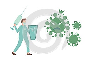 Vector illustration fight against covid-19 virus or coronavirus. cure corona virus. Doctor or scientist fight with coronavirus