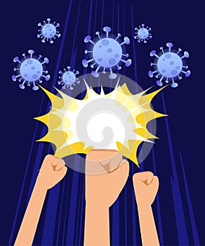Vector illustration fight corona virus isolated on blue background. Cure COVID-19. Hand fight virus concept. Cartoon illustration