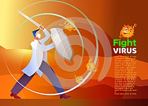 Vector illustration fight covid-19 corona virus. cure corona virus. Doctor fight virus concept