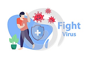 Vector illustration fight covid-19 corona virus. cure corona virus. people fight virus concept. corona viruses vaccine concept.