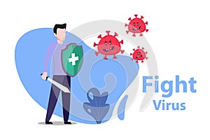 Vector illustration fight covid-19 corona virus. cure corona virus. people fight virus concept. corona viruses vaccine concept.
