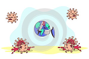 Vector illustration fight covid-19 corona virus. Earth kills all corona virus. Concept of fighting against coronavirus.