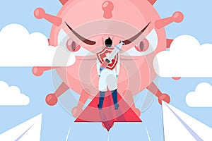 Vector illustration fight covid-19, Doctor stand on paper plane, To fight virus cell,