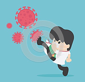 Vector illustration fight virus. cure corona virus. Doctor super kick covid-19