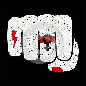 Vector illustration of a fighting female fist with red nails - Feminism symbol - Textured isolated object white on black