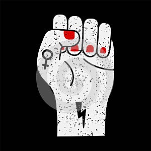 Vector illustration of a fighting female fist with red nails - Feminism symbol - Textured isolated object white on black