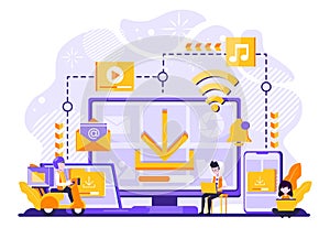 Vector illustration of file storage technology, sharing, remote worker, network industry 4.0. people sharing work file