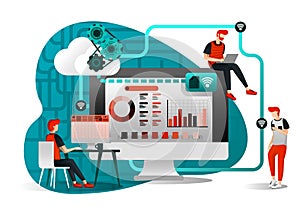 Vector illustration of file storage technology, sharing, remote worker, network industry 4.0. people sharing work file. cloud impr