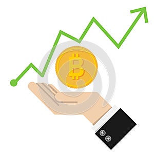 vector Illustration. financial success concept with golden Bitcoins ladder on green graph up chart background. isolated on white