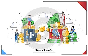 Vector illustration of financial transactions, money transfer. sending money from wallet to wallet. Banking, large