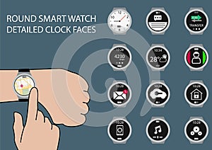 Vector illustration of finger swiping smart watch display on wrist with touch gesture photo
