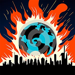 Vector illustration of a fire in the city with the planet earth. Generative AI