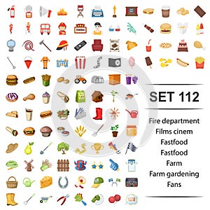 Vector illustration of fire, department, film, cinema, fast food farm gardening fan icon set.