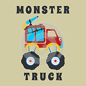 Vector illustration of fire rescue monster truck with cartoon style. Can be used for t-shirt print, fashion design, invitation