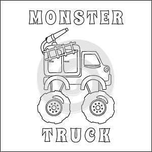 Vector illustration of fire rescue monster truck with cartoon style. Cartoon isolated vector illustration, Creative vector