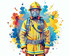 vector illustration of firefighter wearing jacket, helmet, and gas mask. AI Image generated.