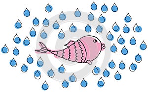 Vector illustration, fish  and water drops, kids color print, doodling for paper design, fabric, interior