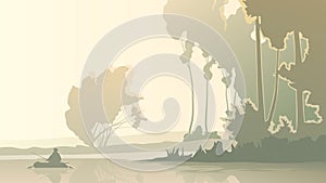 Vector illustration of fisherman fishes in morning on lake.