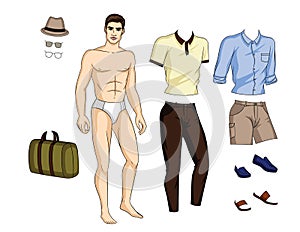 Vector illustration of fit body guy with set of stylish summer clothes, shoes and accessories.