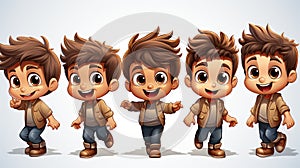 Vector illustration of five cartoon boys with different poses on white background