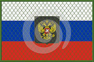 Vector illustration of the flag and coat of arms of Russia under the lattice. Concept of isolationism
