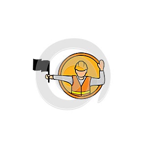 Vector illustration of Flagger Man. Flagger sign, Flagman ahead road sign. Road Flagger Modern Simple Vector Icon logo template.