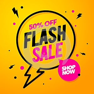 Vector illustration flash sale, banner design template, speech bubble tag with bolt