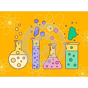 Vector illustration of flask with liquids, line art, bubbles, ch