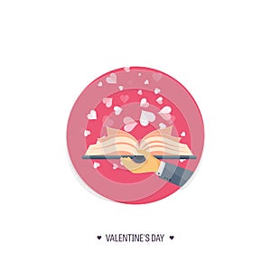 Vector illustration. Flat background with book. Love and hearts. Valentines day. Be my valentine. 14 february.