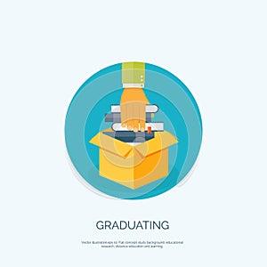 Vector illustration. Flat background with books in box. Graduating. Univercity, school. photo