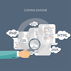 Vector illustration. Flat background. Coding programming and SEO. Search engine optimization. App development creation