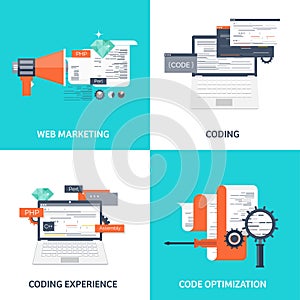 Vector illustration. Flat background. Coding, programming. SEO. Search engine optimization. App development, creation