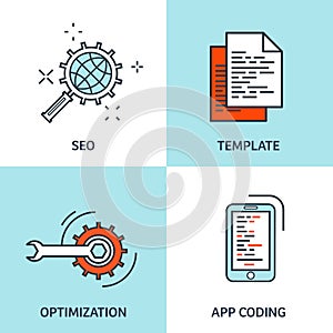 Vector illustration. Flat background. Coding, programming. SEO. Search engine optimization. App development, creation
