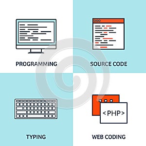Vector illustration. Flat background. Coding, programming. SEO. Search engine optimization. App development, creation