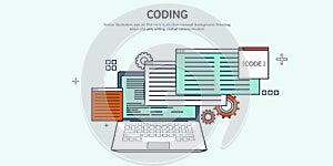 Vector illustration. Flat background. Coding, programming. SEO. Search engine optimization. App development, creation