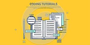 Vector illustration. Flat background. Coding, programming. SEO. Search engine optimization. App development, creation