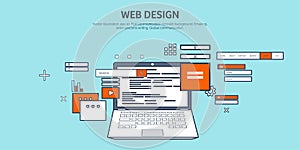 Vector illustration. Flat background. Coding, programming. SEO. Search engine optimization. App development, creation