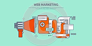 Vector illustration. Flat background. Coding, programming. SEO. Search engine optimization. App development, creation
