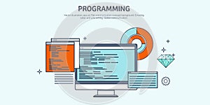 Vector illustration. Flat background. Coding, programming. SEO. Search engine optimization. App development, creation