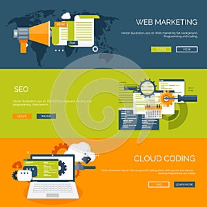 Vector illustration. Flat background. Coding, programming SEO. Search engine optimization. App development creation